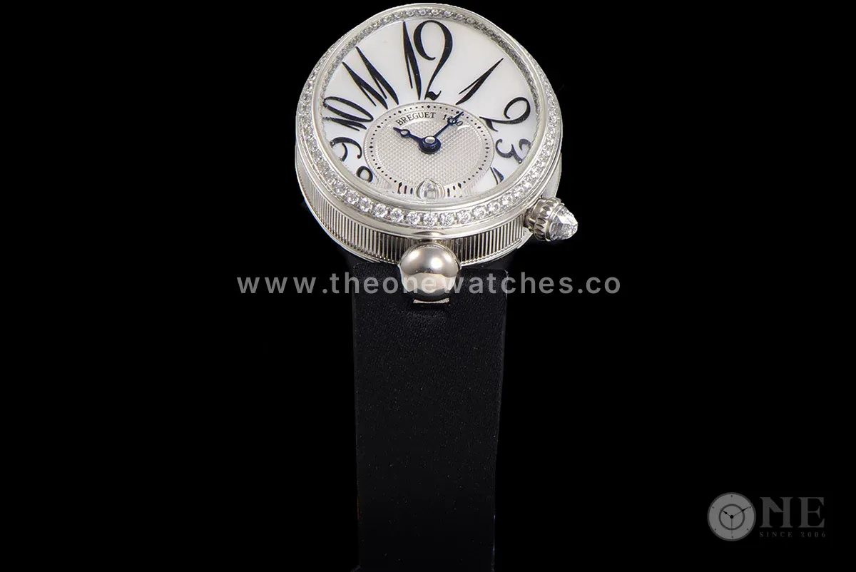 Reine de Naples in White Gold 8918BB on Black Leather Strap