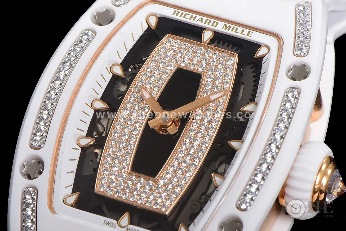 RM 007 Automatic Ladies White Ceramic Diamond Bezel Diamond Jasper