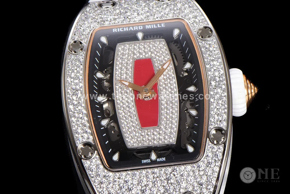 RM 007 Automatic Ladies with Diamond Bezel in Steel on White Rubber Strap