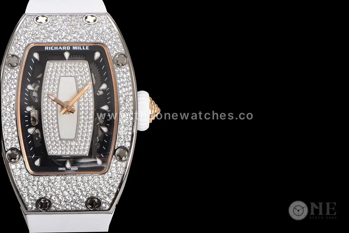 RM 007 Automatic Ladies with Diamond Bezel in Steel on White Rubber Strap