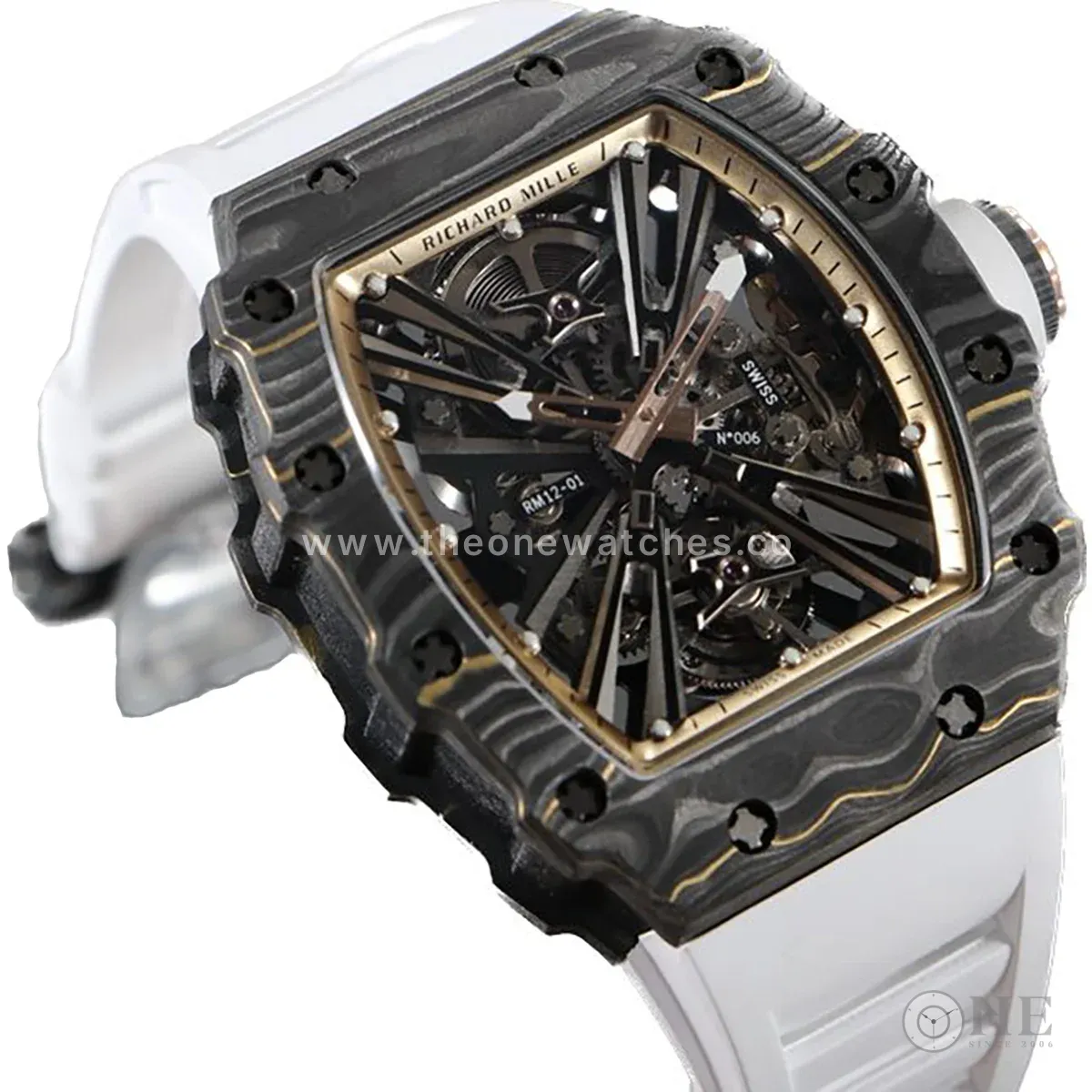 RM 012-01 Tourbillon NTPT Carbon on White Rubber Strap