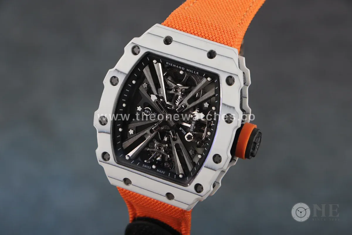 RM 012-01 Tourbillon White NTPT Carbon on Orange Nylon Strap