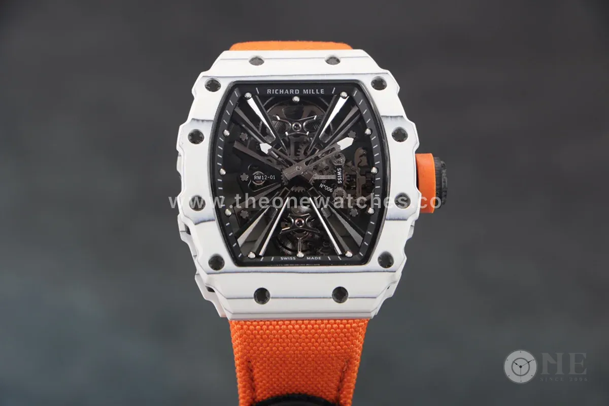 RM 012-01 Tourbillon White NTPT Carbon on Orange Nylon Strap