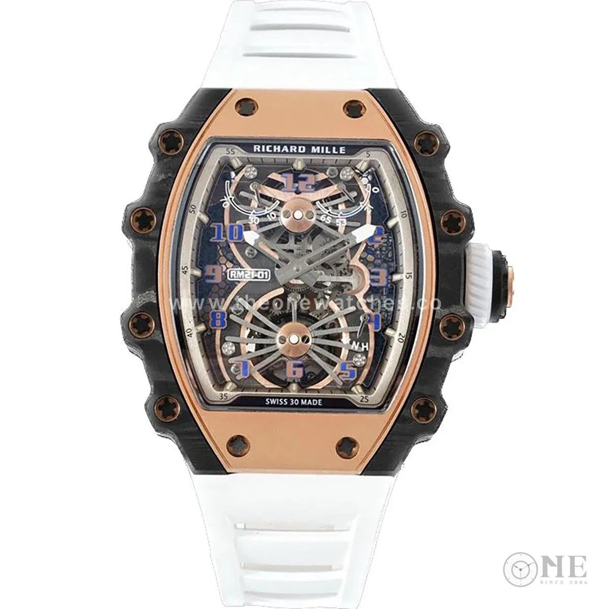 RM 021-01 Tourbillon Aerodyne in Rose Gold on White Rubber Strap