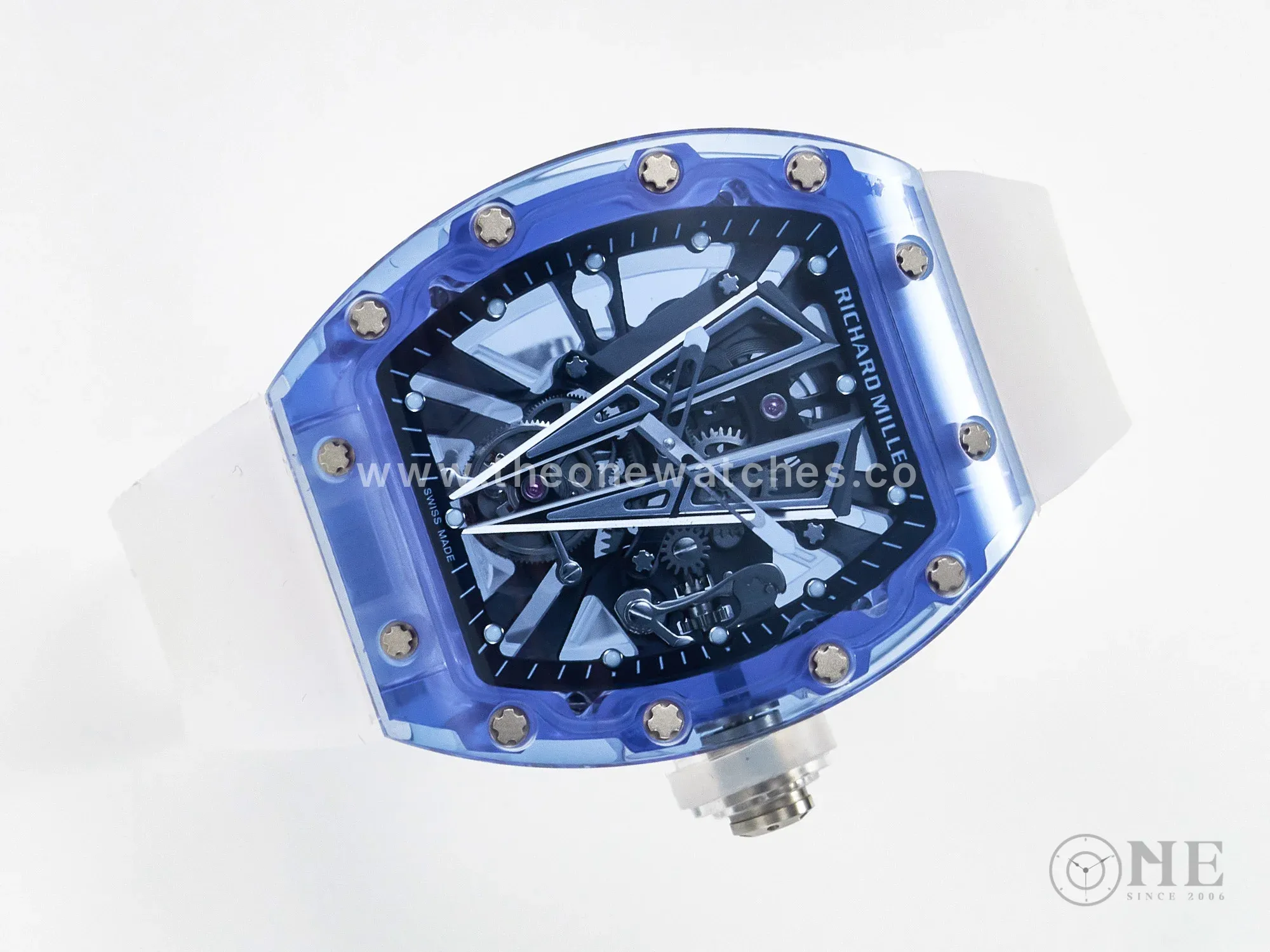 RM27-03 Blue Transparent Tourbillon MSF Best Edition Skull Dial on White Rubber Strap