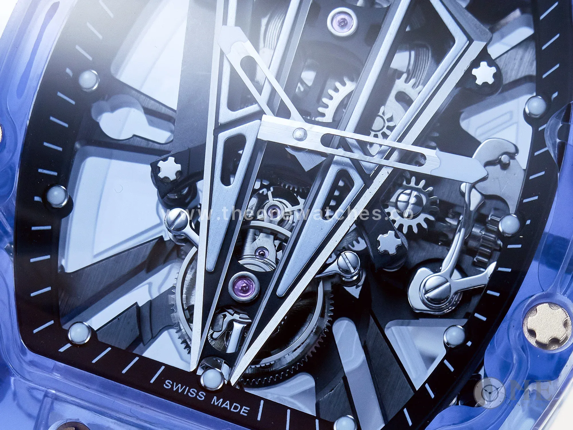 RM27-03 Blue Transparent Tourbillon MSF Best Edition Skull Dial on White Rubber Strap