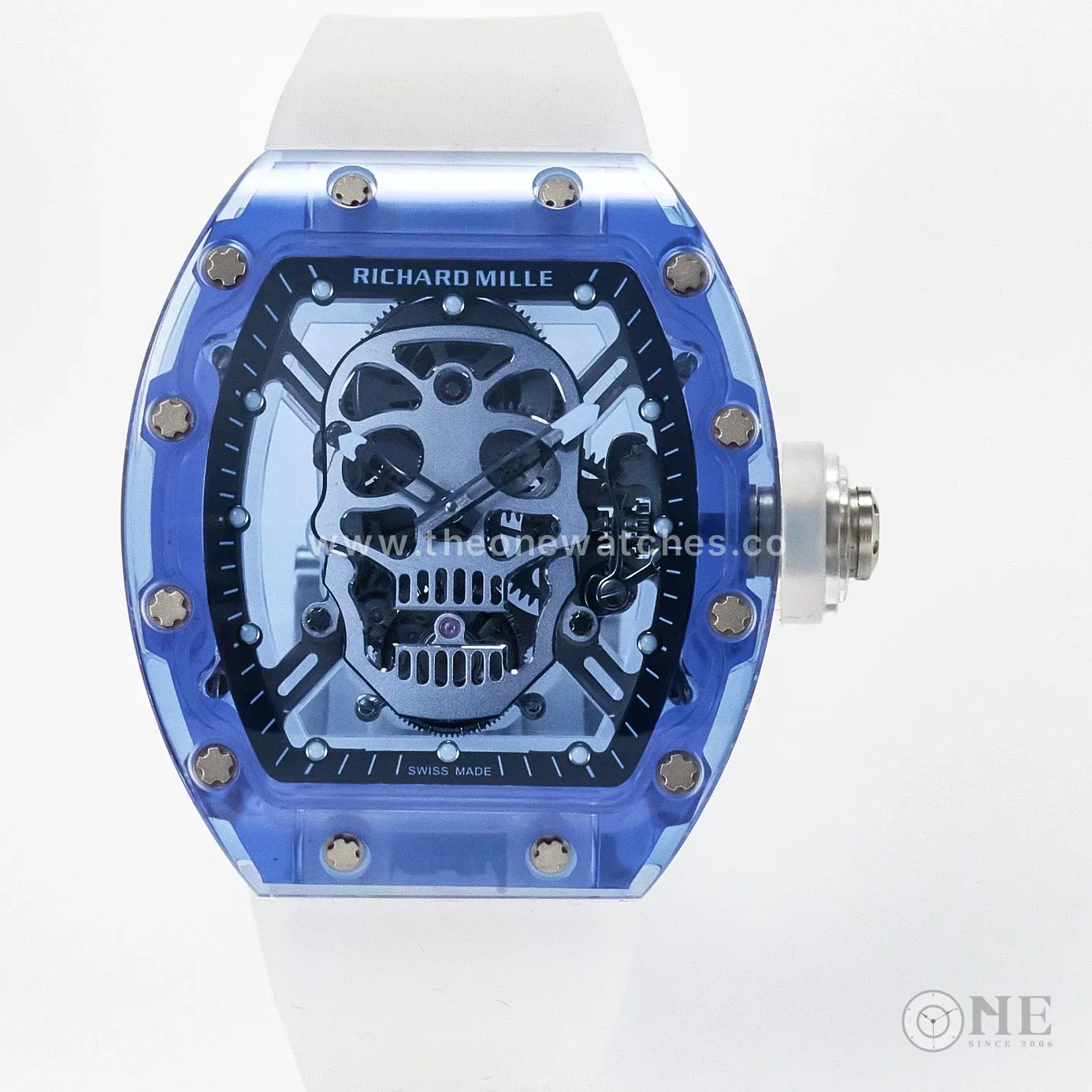 RM52-01 Blue Transparent Tourbillon MSF Best Edition Skull Dial on White Rubber Strap