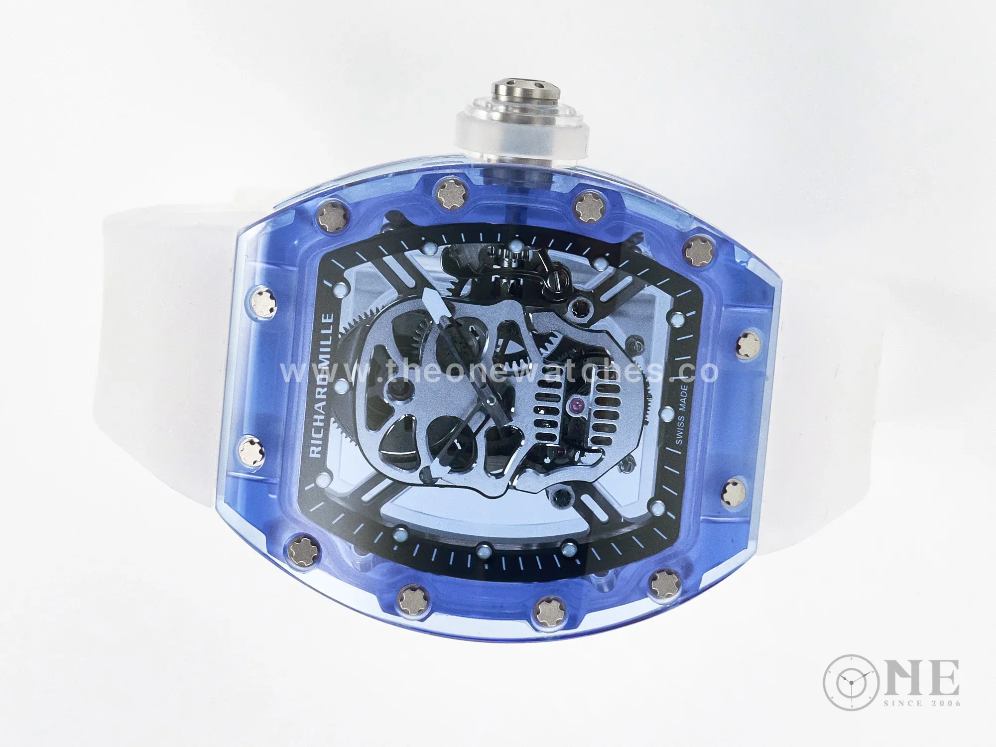RM52-01 Blue Transparent Tourbillon MSF Best Edition Skull Dial on White Rubber Strap