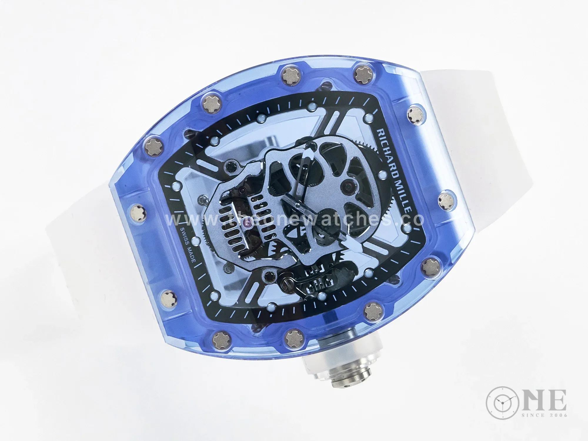 RM52-01 Blue Transparent Tourbillon MSF Best Edition Skull Dial on White Rubber Strap