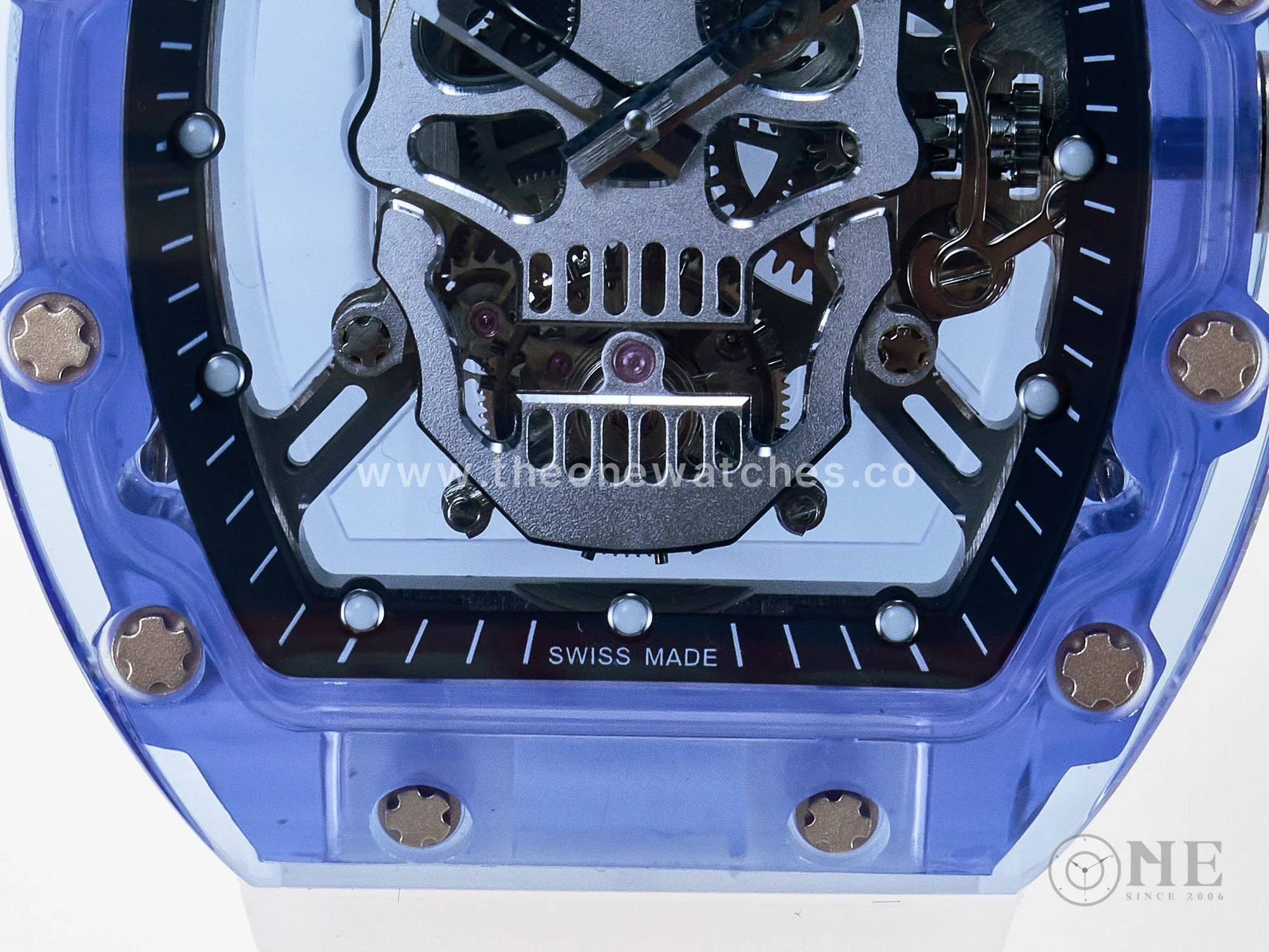 RM52-01 Blue Transparent Tourbillon MSF Best Edition Skull Dial on White Rubber Strap