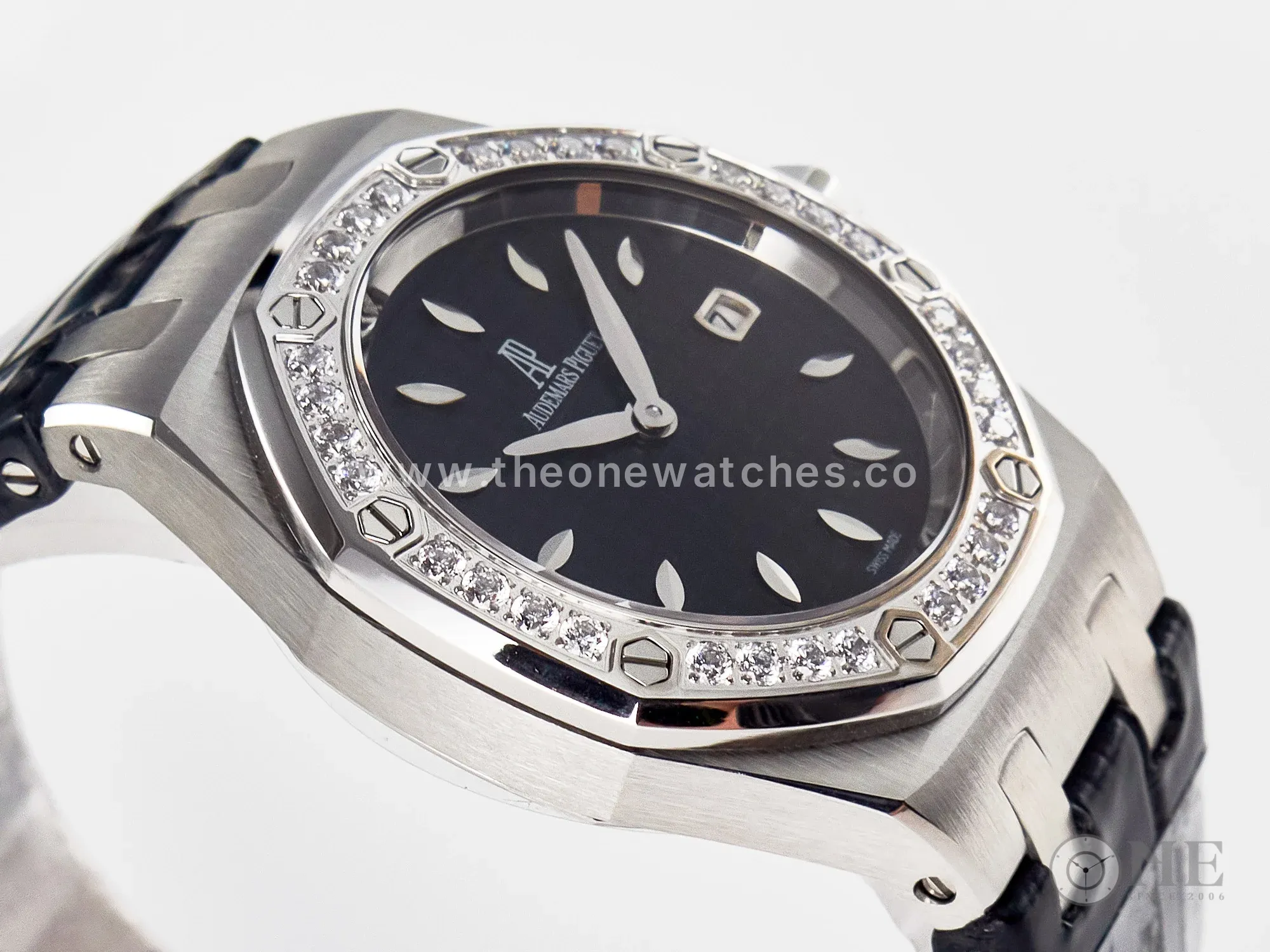 Royal Oak Offshore Ladies 33mm SS DRF Best Edition Black Dial Diamonds Bezel on Black Leather Strap ETA Quartz