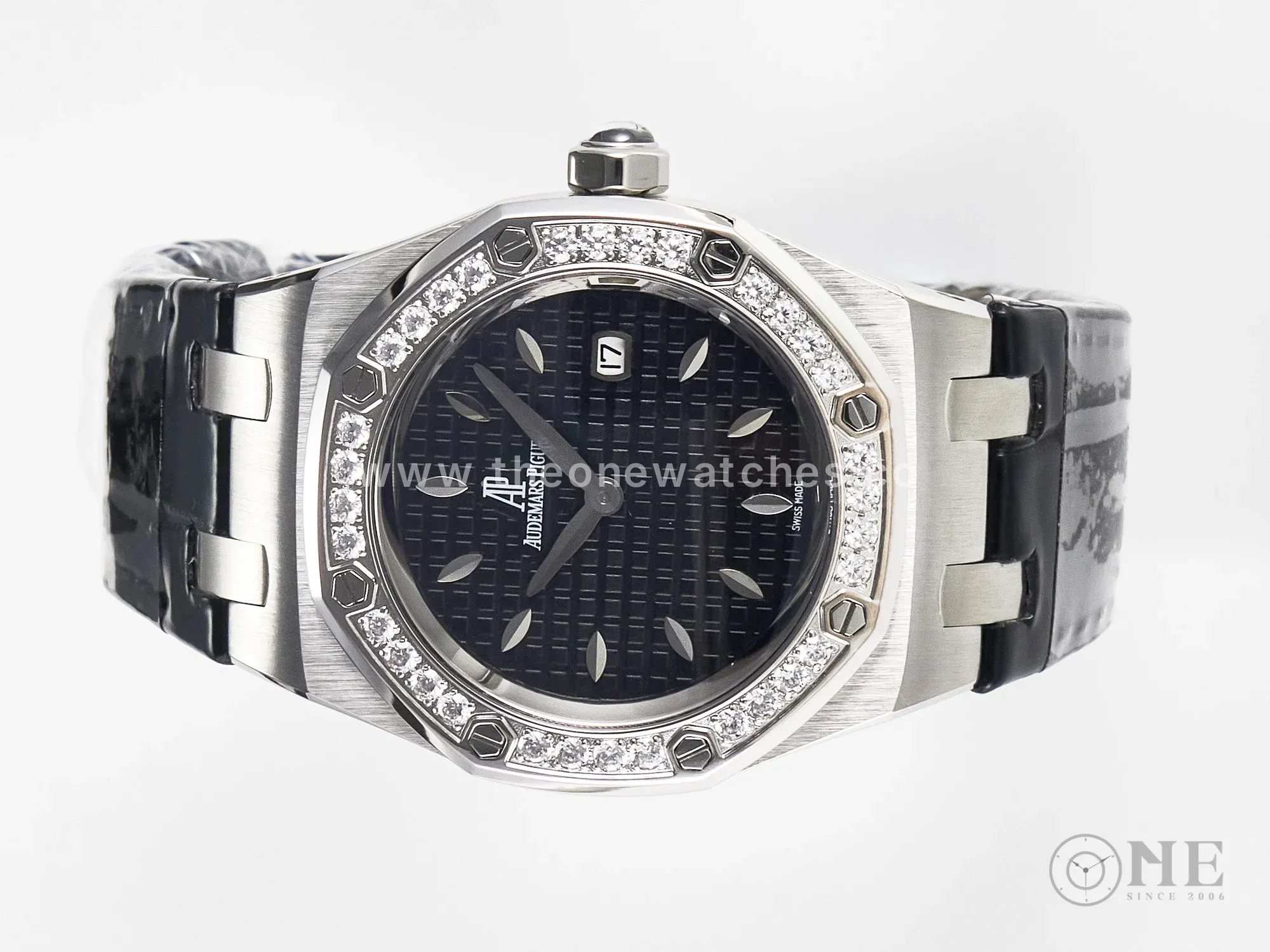 Royal Oak Offshore Ladies 33mm SS DRF Best Edition Black Dial Diamonds Bezel on Black Leather Strap ETA Quartz