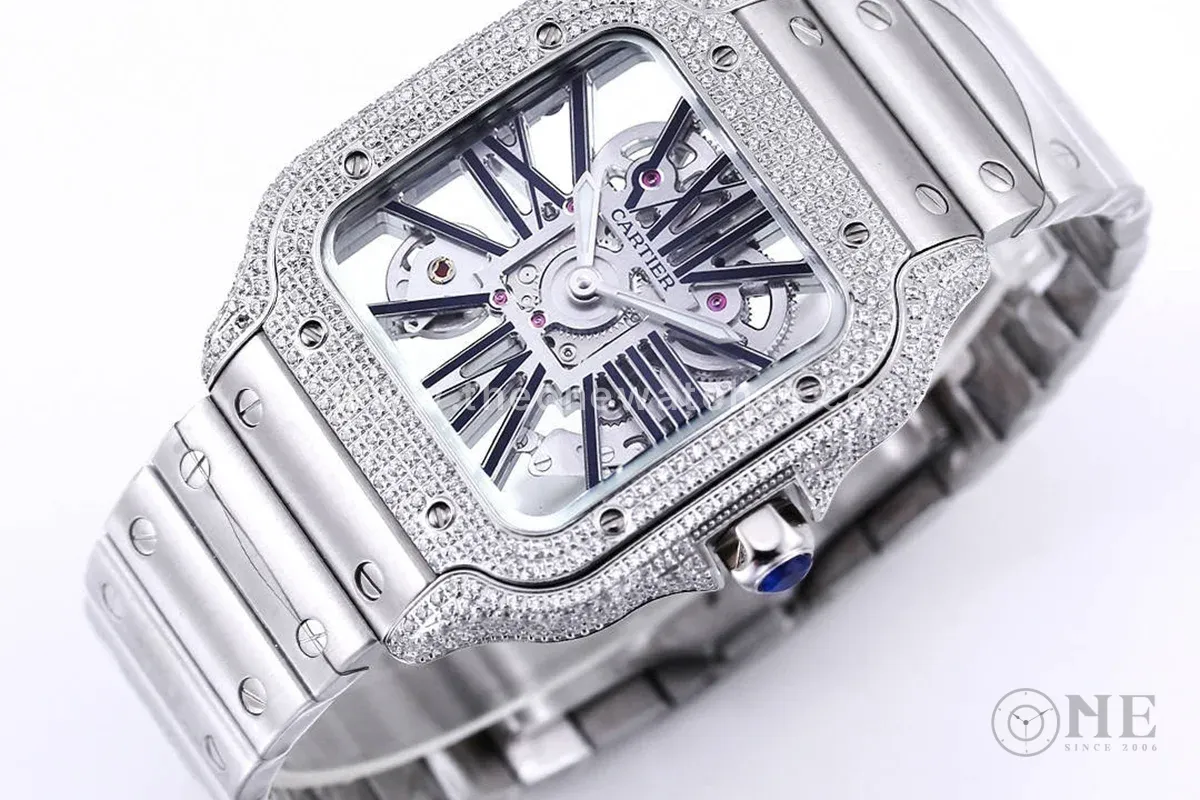Santos De Cartier Watch Skeleton Dial Black Marker with Diamond Bezel in Steel