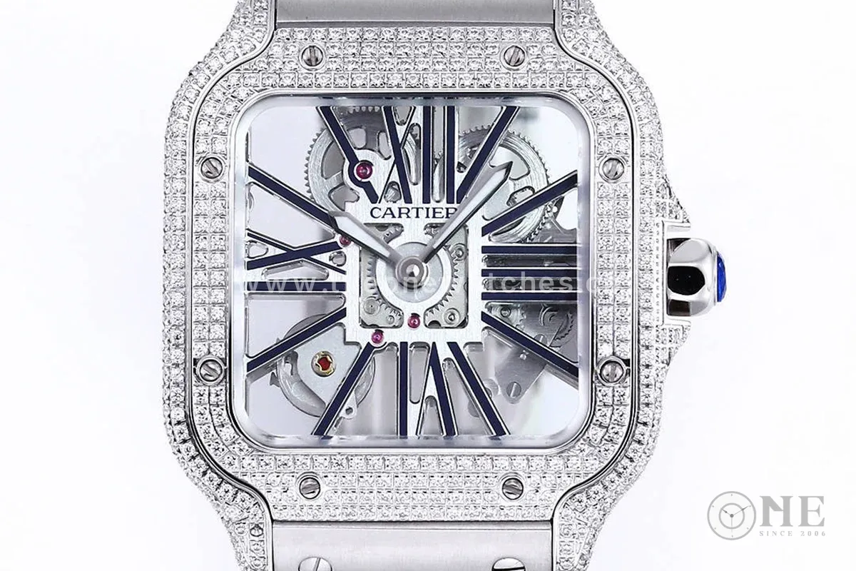 Santos De Cartier Watch Skeleton Dial Black Marker with Diamond Bezel in Steel