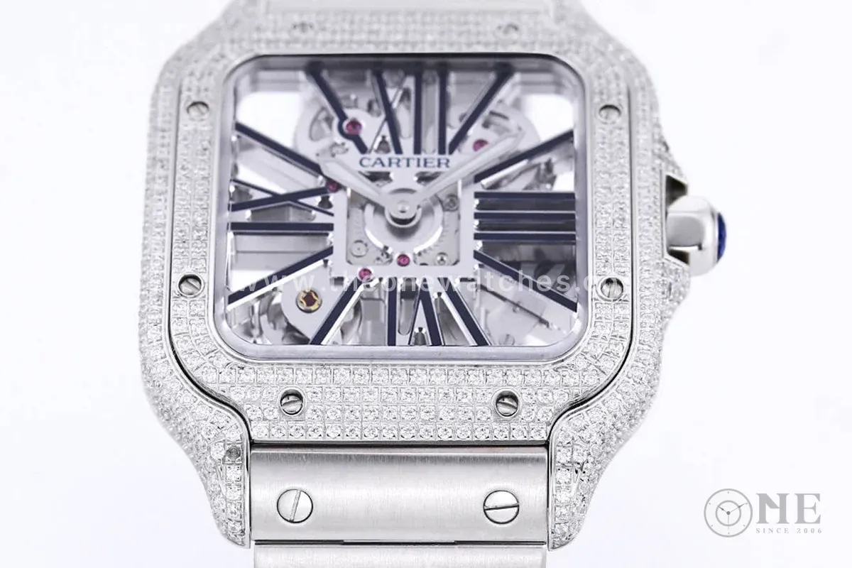 Santos De Cartier Watch Skeleton Dial Black Marker with Diamond Bezel in Steel