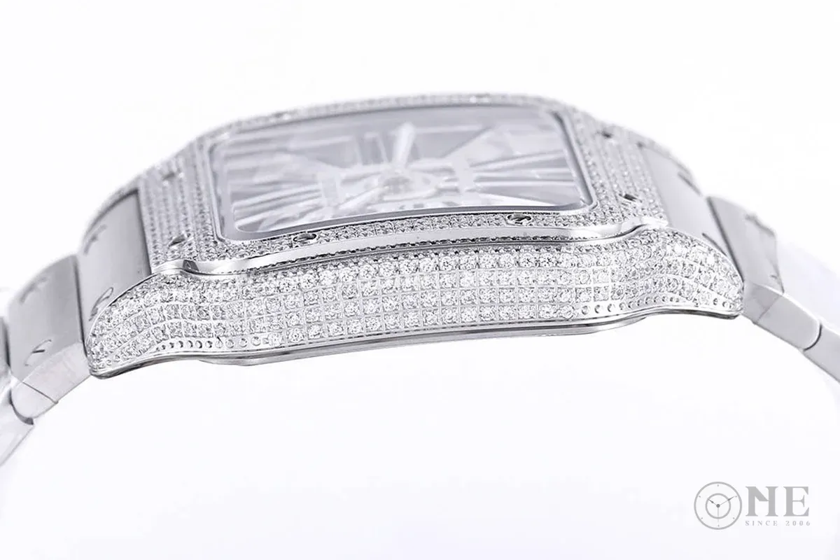 Santos De Cartier Watch Skeleton Dial Black Marker with Diamond Bezel in Steel