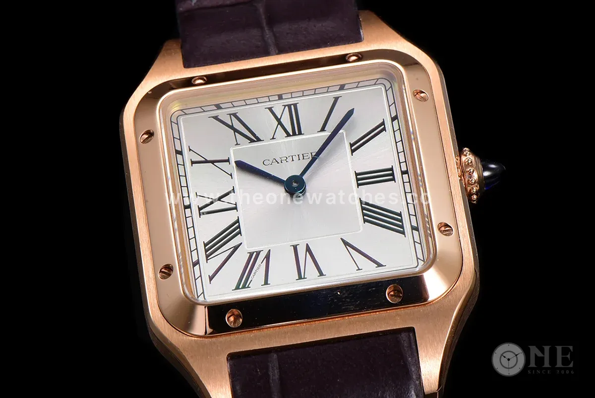 Santos-Dumont (Large) Silver Dial in Rose Gold on Purple Leather Strap Ref. WGSA0021