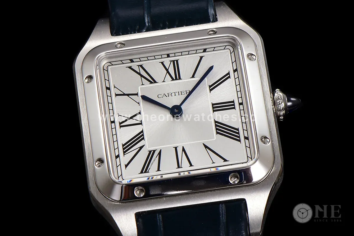 Santos-Dumont (Large) Silver Dial in Steel on Blue Leather Strap Ref. WSSA0022