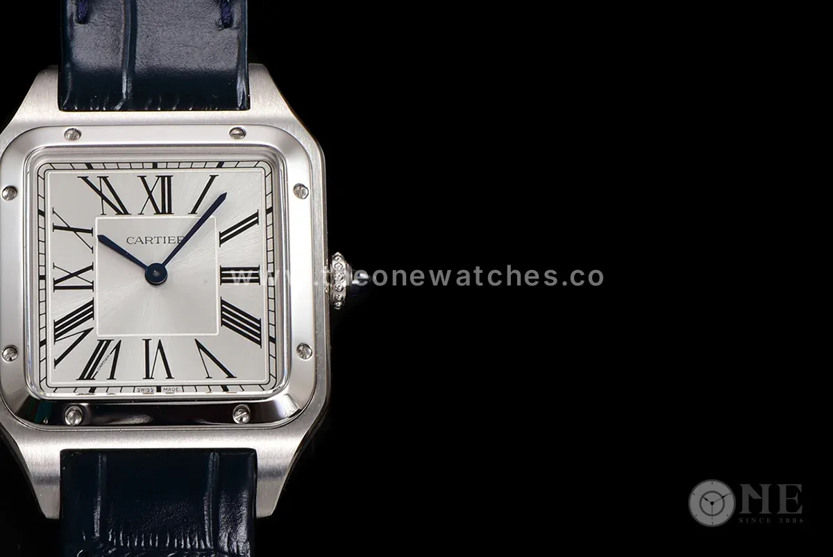 Santos-Dumont (Large) Silver Dial in Steel on Blue Leather Strap Ref. WSSA0022
