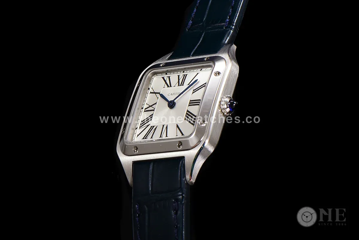 Santos-Dumont (Large) Silver Dial in Steel on Blue Leather Strap Ref. WSSA0022