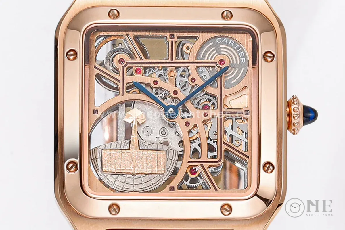 Santos-Dumont (Large) Skeleton Watch in Rose Gold on Black Leather Strap